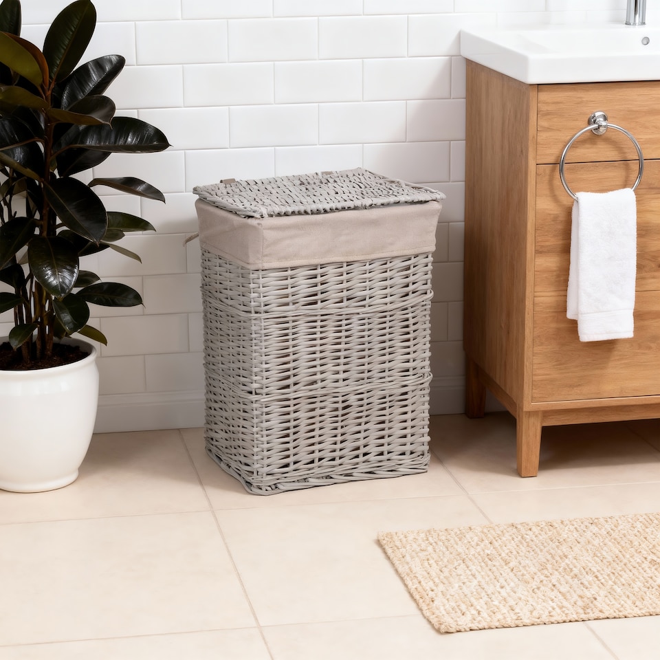 image 1 of Wickerfield Grey Wicker Laundry Basket with Lid and Removable Cotton Liner