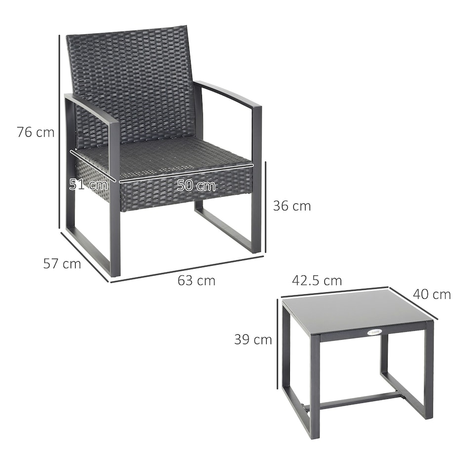 image 1 of Outsunny 3 Pieces Rattan Patio Bistro Set 2 Chairs Coffee Side Table Set, Black