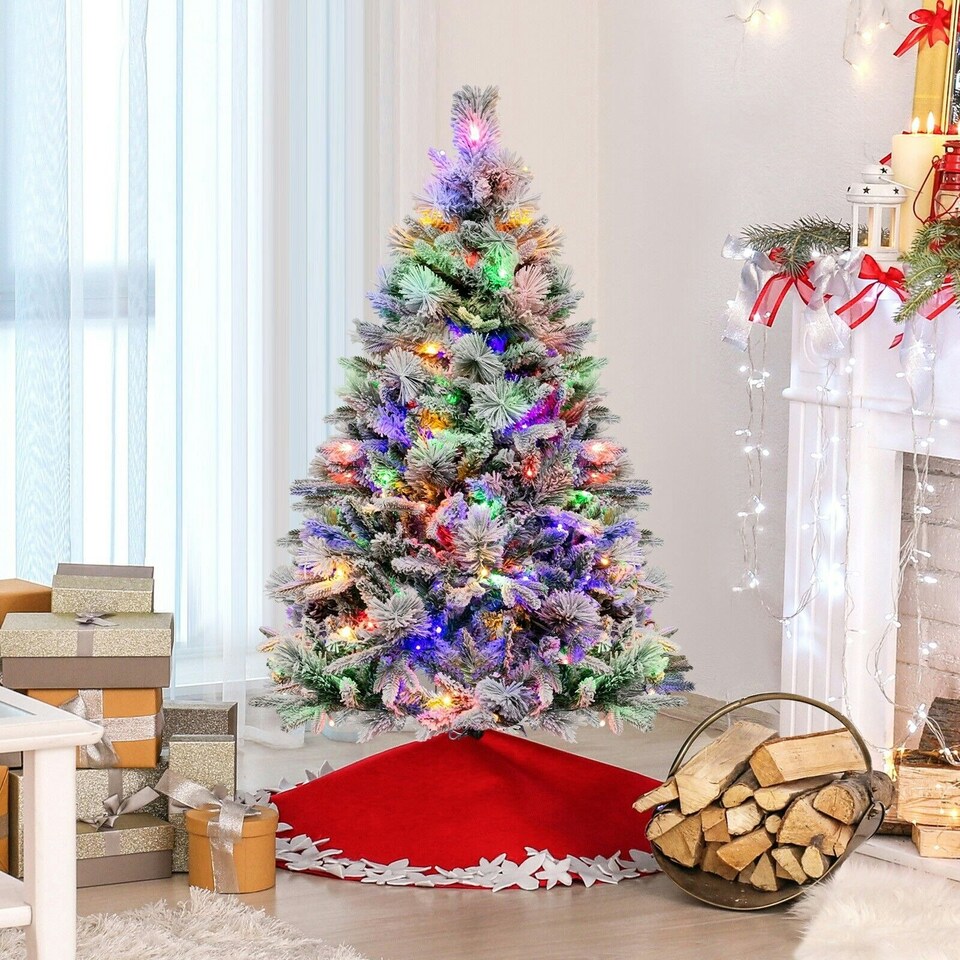 image 1 of COSTWAY 4.5 FT Pre-Lit Artificial Christmas Tree Snow-flocked | Green | One Size