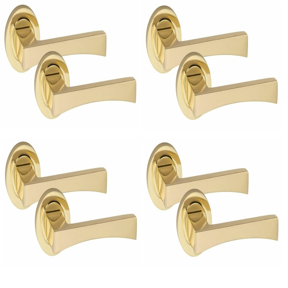 image 1 of Golden Grace 4 Sets Wave Design Door Handles Latch on Round Rose in Electro Brass Finish - 52mm Diameter Gold