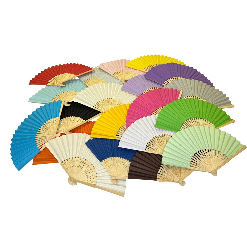 image 1 of Pink Paper Foldable Hand Held Bamboo Wooden Fan by Parev