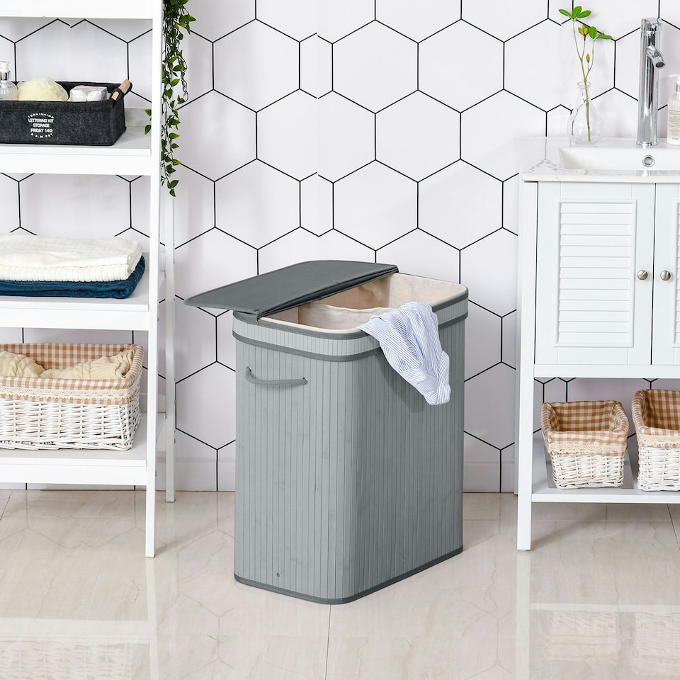 image 1 of HOMCOM 100L Wood Laundry Basket A Compartment Flip Lid Removable Lining Grey
