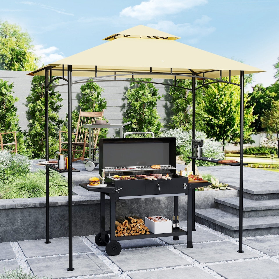 image 1 of Outsunny 2.4 x 1.5 m  Grill Gazebo Canopy with LED Lights, Double Tiered Outdoor BBQ Gazebo Shelter with 2 Side Shelves, Storage Basket and Hooks for Garden, Barbecue, Picnic, Beige