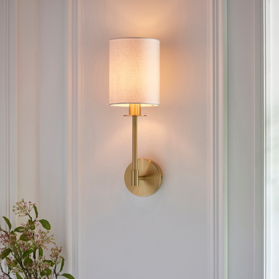 image 1 of Sancerre Wall Lamp with Shade Satin Brass Plate, Vintage White Fabric, 1x E14