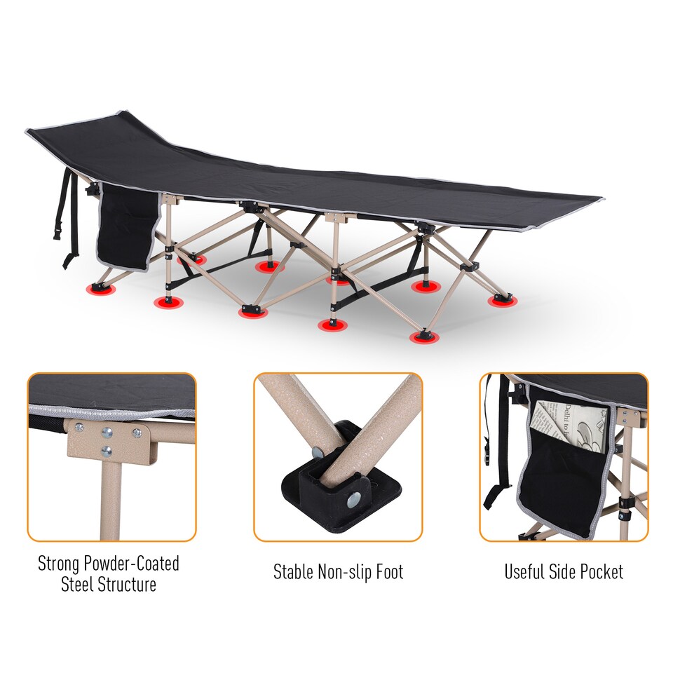 image 1 of Outsunny Single Person Camping Bed Folding Cot Outdoor Patio Portable Military Sleeping Bed Travel Guest Leisure Fishing with Side Pocket and Carry Bag - Black