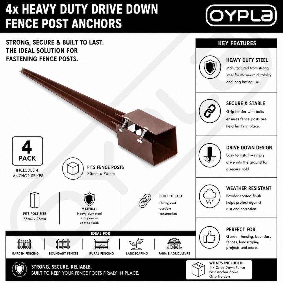 image 1 of 4x Heavy Duty Drive Down Fence Post Anchor Spike Grip Holder - 75 x 750mm | Brown | 4