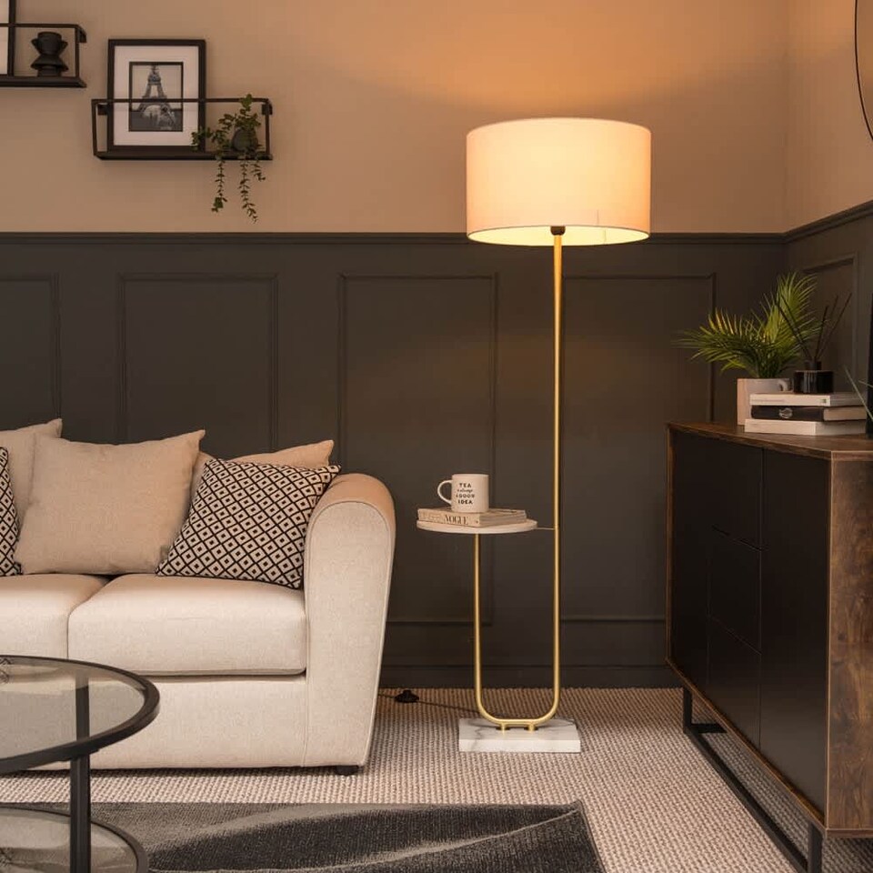 image 1 of ValueLights Tavel Brushed Gold Metal Floor Lamp with Table | Gold