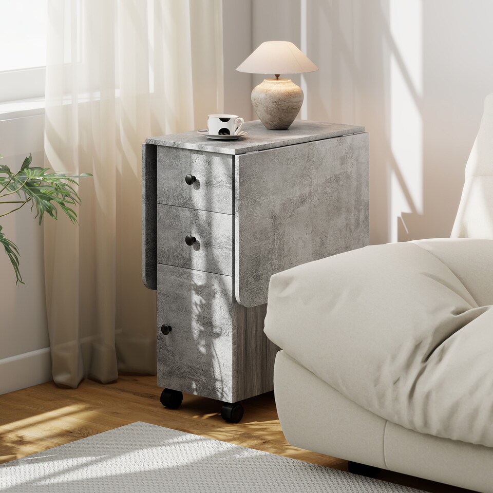 image 1 of HOMCOM Folding Dining Table for 4-6, Rolling Drop Leaf Table on Wheels with Storage Drawers, Cabinet and Open Shelf for Kitchen, Dining Room, Grey Marble Effect