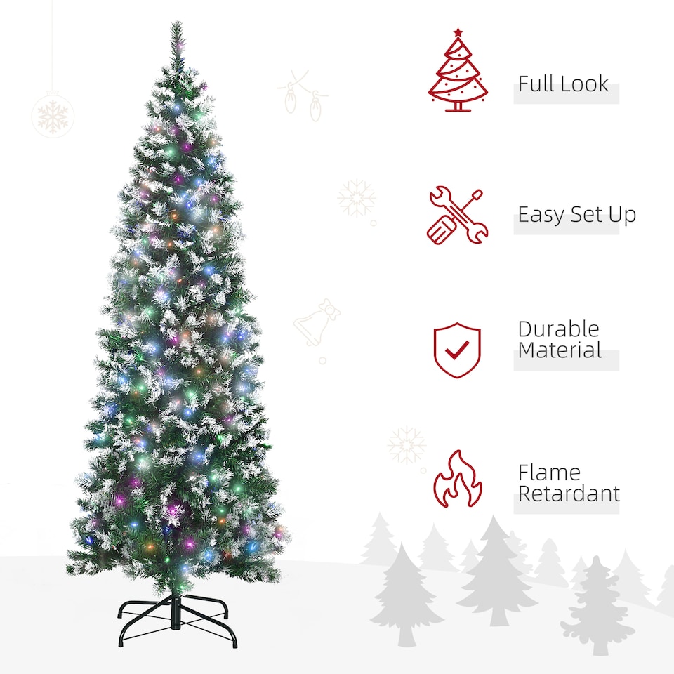 image 1 of HOMCOM 6FT Tall Prelit Pencil Slim Artificial Christmas Tree with Realistic Branches, 300 Colourful LED Lights and 618 Tips, Xmas Decoration, Green