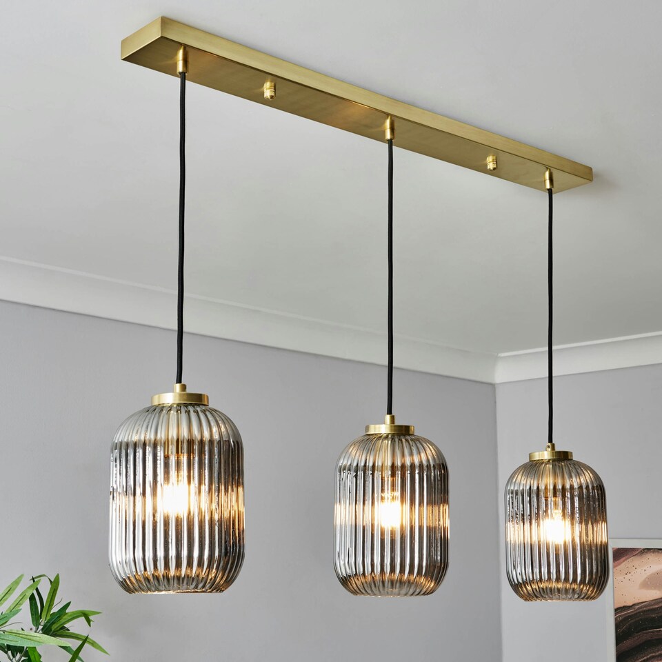 image 1 of BHS Lyna Ceiling Diner Pendant Bar with Smoked Glass Shades, Satin Brass