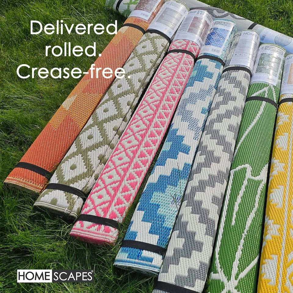 image 1 of Homescapes Outdoor Rug Luxury Waterproof Reversible Recycled, For Garden, Amber Ikat Blue | 180 x 270 cm