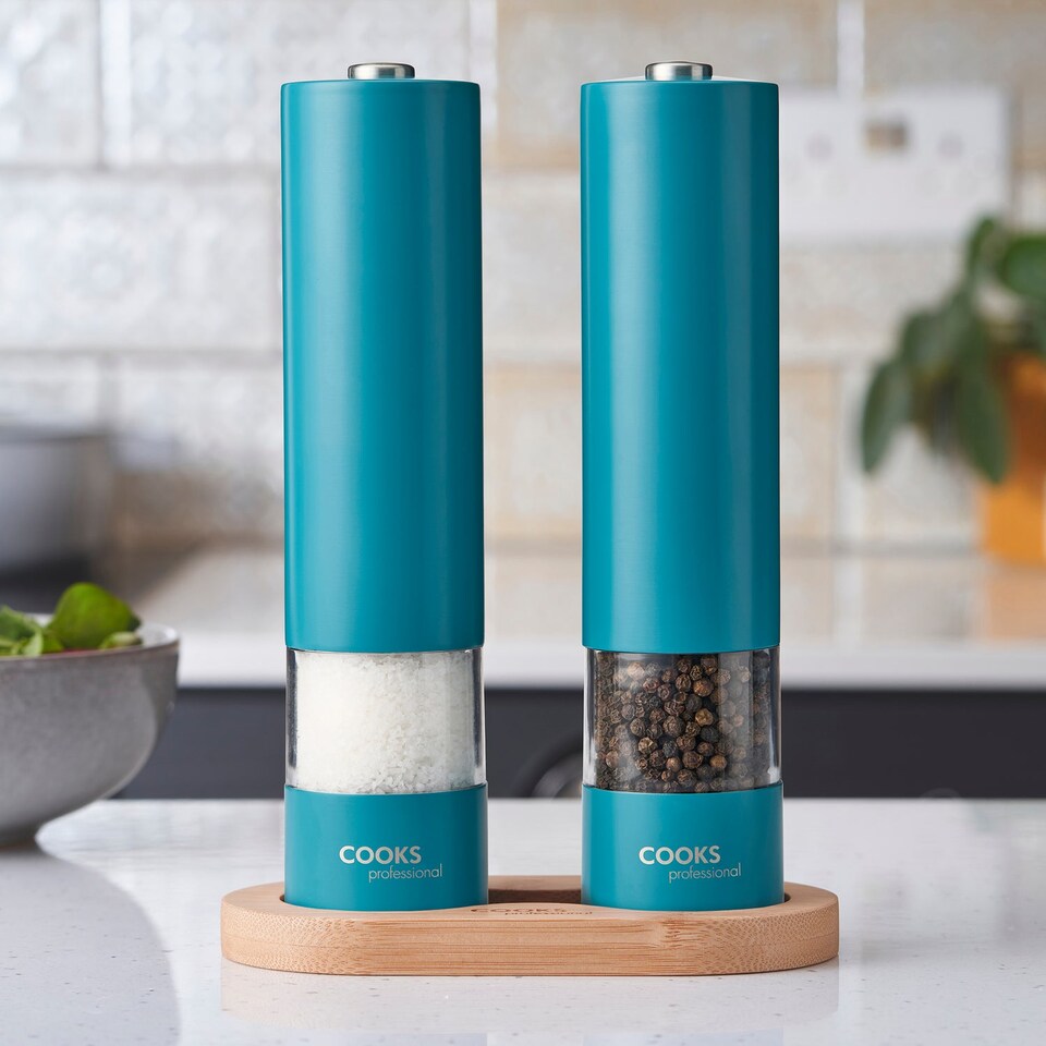 image 1 of Cooks Professional Electric Salt & Pepper Mill Set with Bamboo Base | Blue | Teal