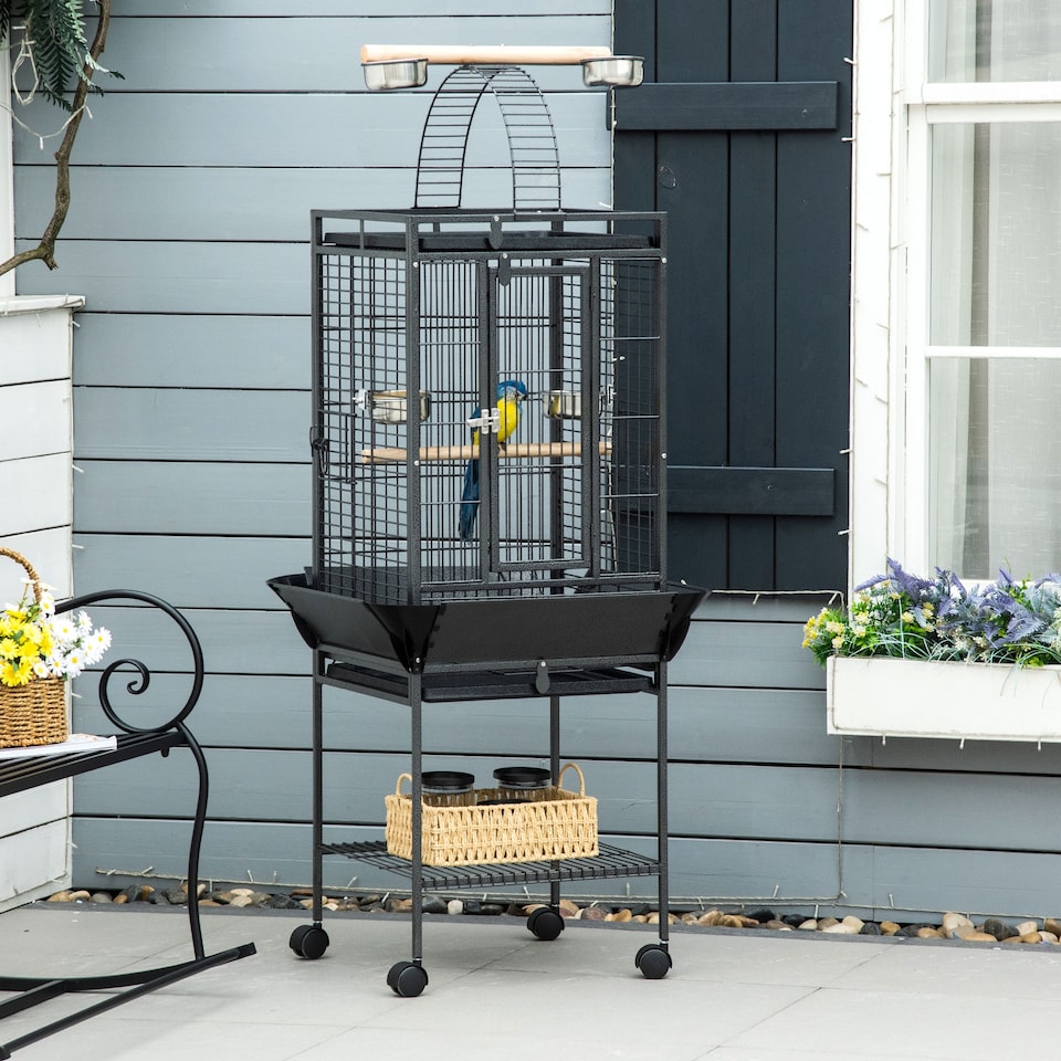 image 1 of PawHut 156cm Bird Cage,Large Parrot Cage with Open Play Top, Perch, Seed Guard, Wheels, Storage Shelf for Budgie, Cockatiel, Conure, Lovebird, Dark Grey