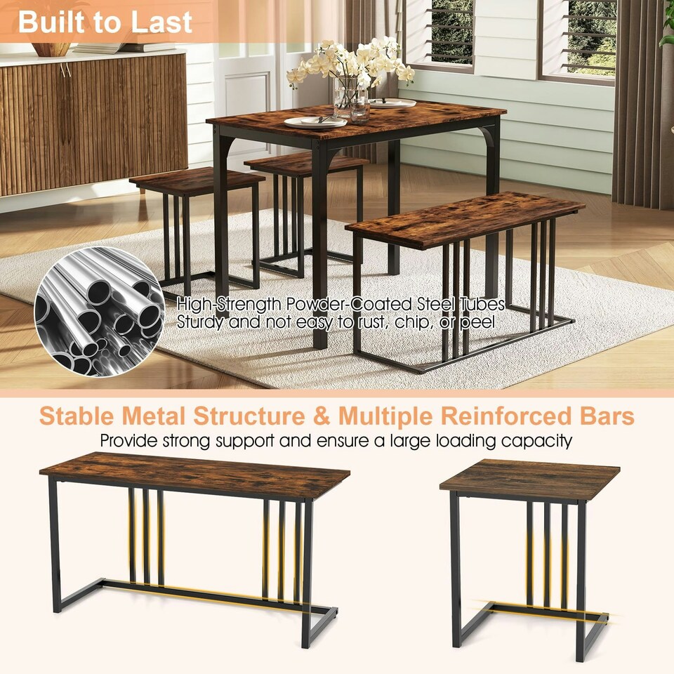 image 1 of COSTWAY 4-Piece Dining Table Set W/ Bench & 2 Stools Brown