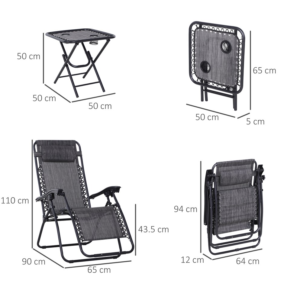 image 1 of Outsunny Folding Zero Gravity Chairs, 3 Pieces Adjustable Sun Lounger and Table Set with Cup Holder and Headrest, Patio Bistro Set with Reclining Garden Chairs for Outdoor, Light Grey