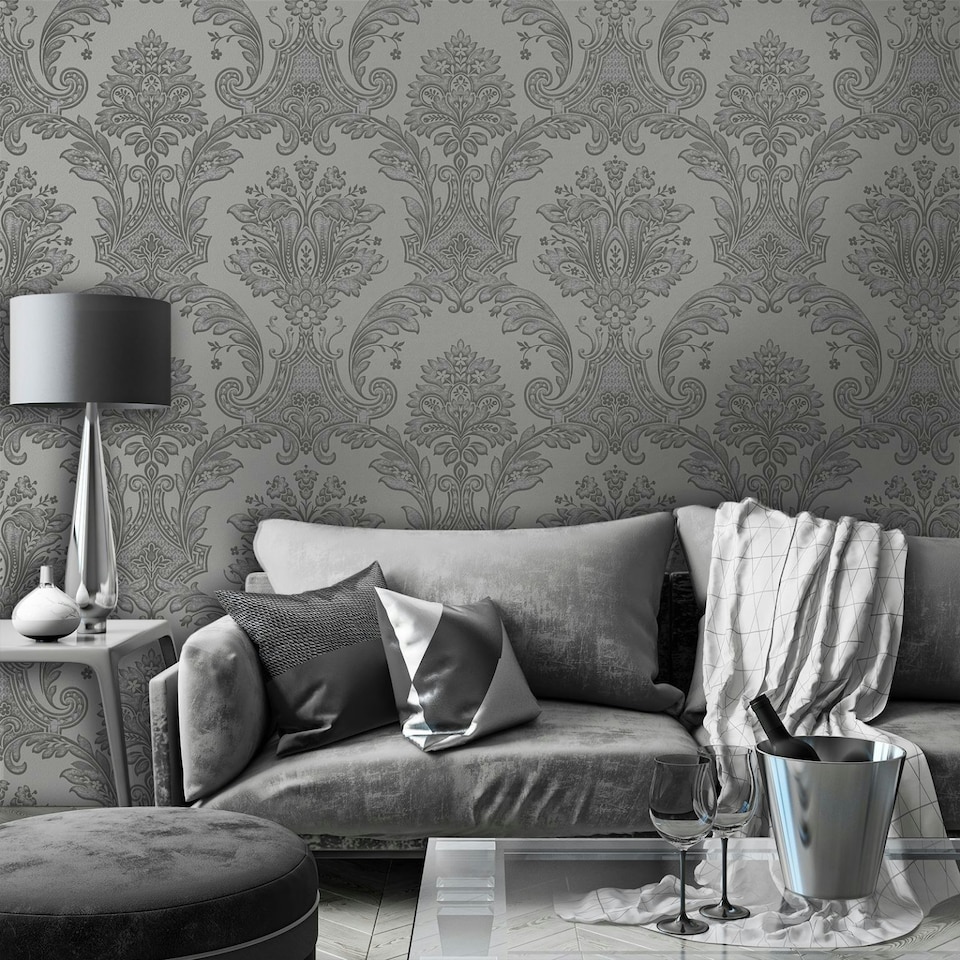 image 1 of Amara Damask Gunmetal Wallpaper Grey