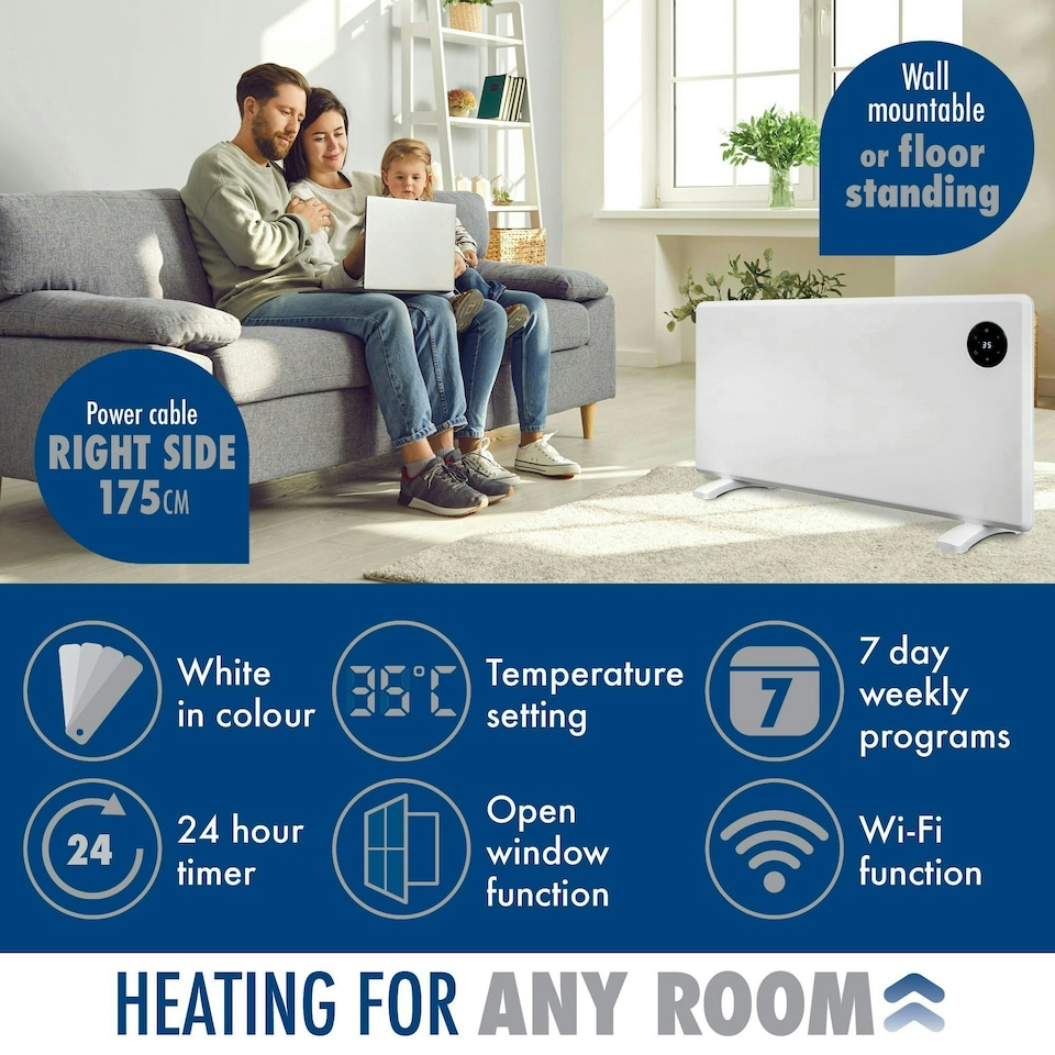 image 1 of Purus 2000W Smart Wifi Eco Heater Electric Panel Radiator Wall Mounted White