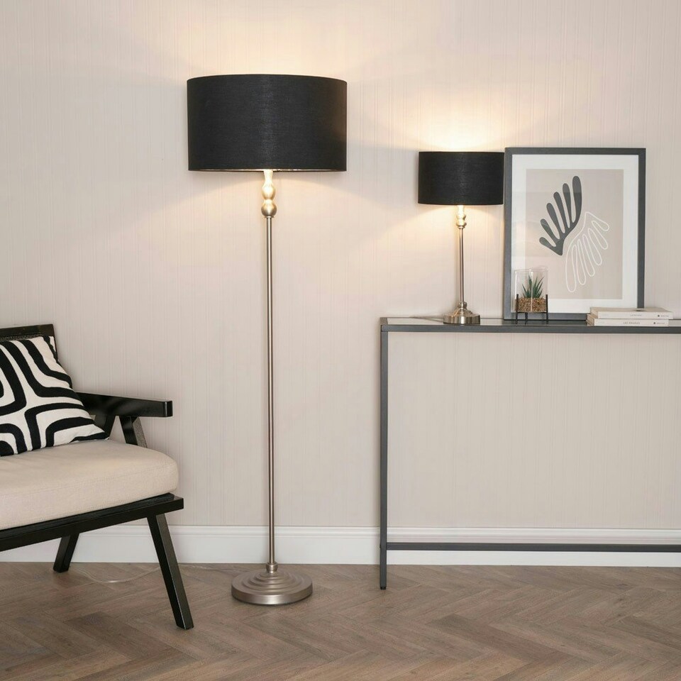 image 1 of ValueLights Maggie Chrome Candlestick Floor Lamp with Black with Chrome Inner Lamp Shade and LED Bulb