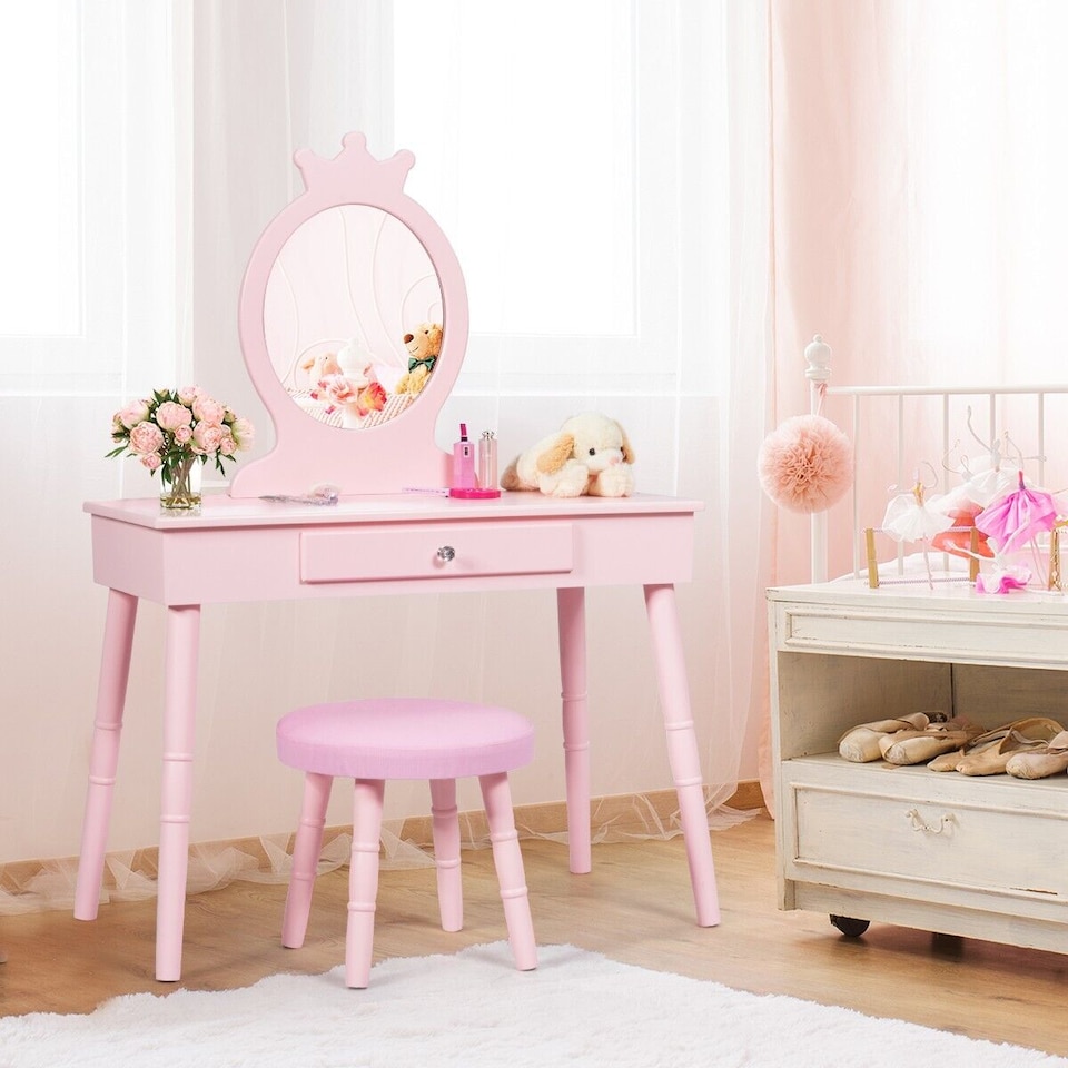 image 1 of COSTWAY Pretend Makeup Dressing Table Kids Vanity Table Pink