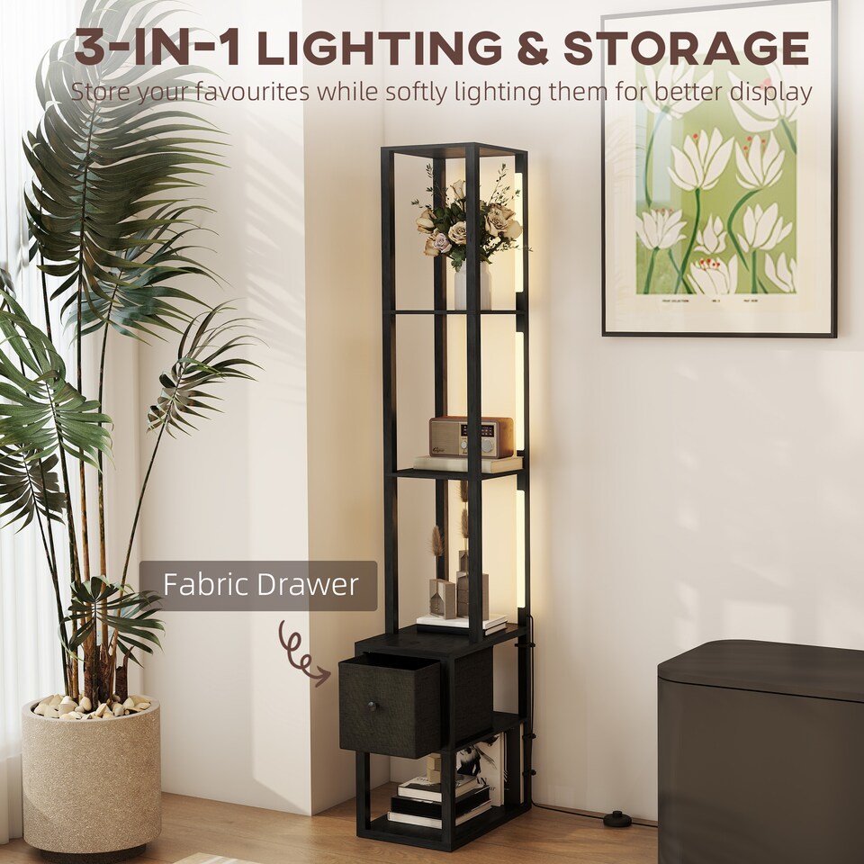 image 1 of HOMCOM Floor Lamp with Shelves, LED Column Modern Standing Lamp with Fabric Drawer, Adjustable Brightness, Foot Switch for Living Room, Bedroom, Office, Black | Black