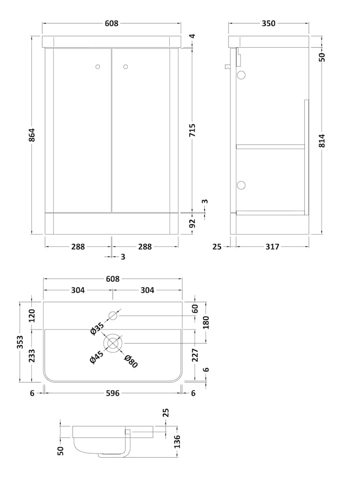 image 1 of Modern Bathroom Floor Standing 2 Door Vanity Unit Basin, White, 605mm | White | Gloss White | 355 x 605 x 864mm