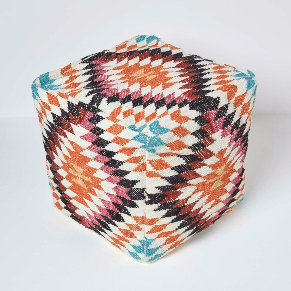 image 1 of Homescapes Manila Orange and Pink Kilim Footstool Handwoven Beanbag Pouffe - 43 x 43 cm