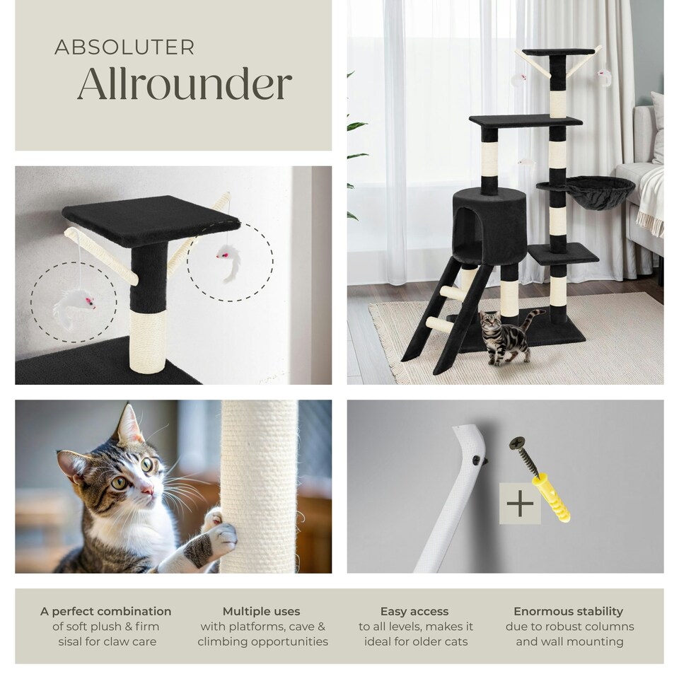 image 1 of Cat Tree Dominik - 144 cm, sisal cat scratching post, mice & anti-tip protection - Black