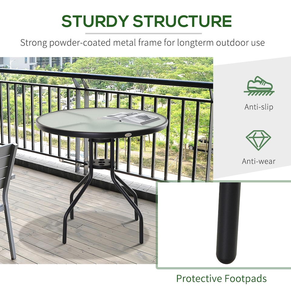 image 1 of Outsunny 80 cm Round Garden Dining Table with Parasol Hole for 4, Outdoor Coffee Bistro End Side Table with Tempered Glass Top and Steel Frame for Patio, Porch, Black