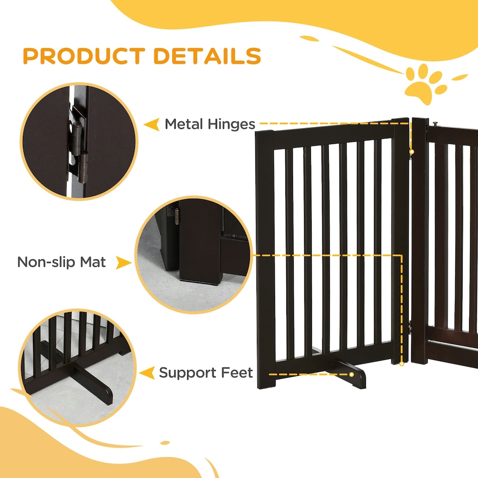 image 1 of PawHut 155cm Expandable 3-Panel Freestanding Dog Pet Gate w/ Latched Door Brown