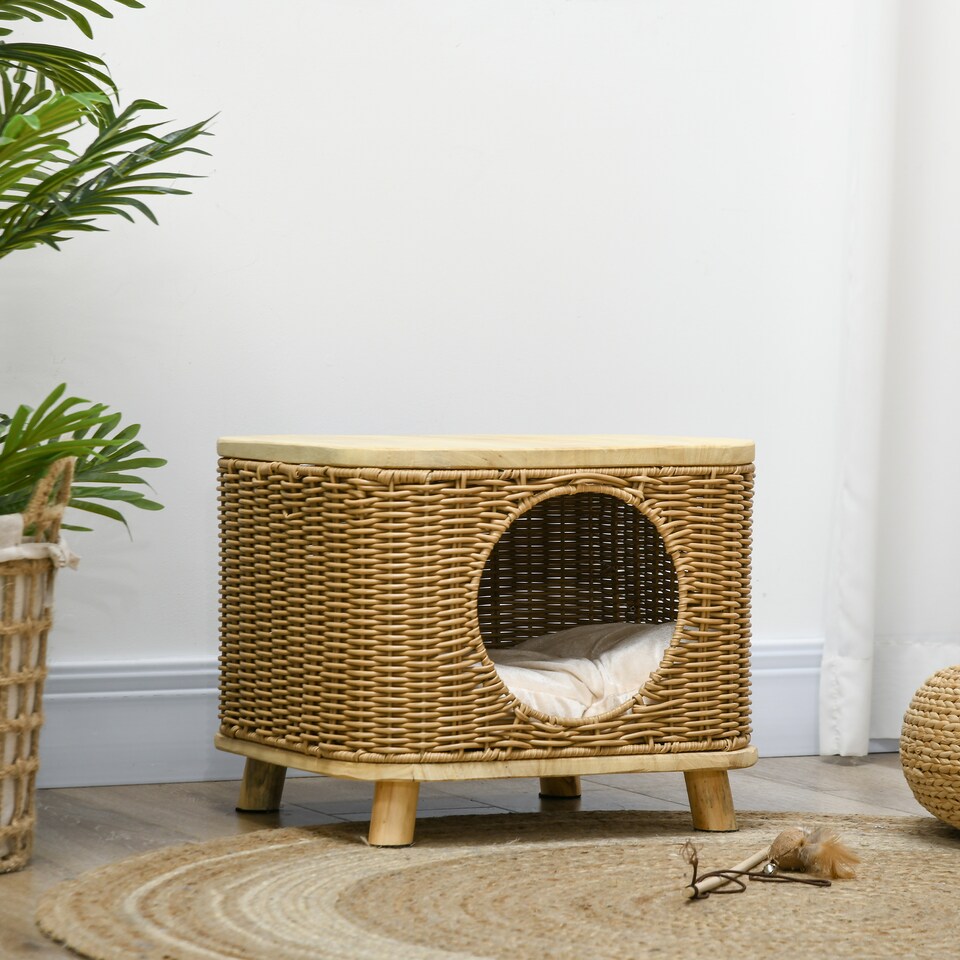 image 1 of PawHut Elevated Design Wicker Cat House with Washable Cushion, Light Brown