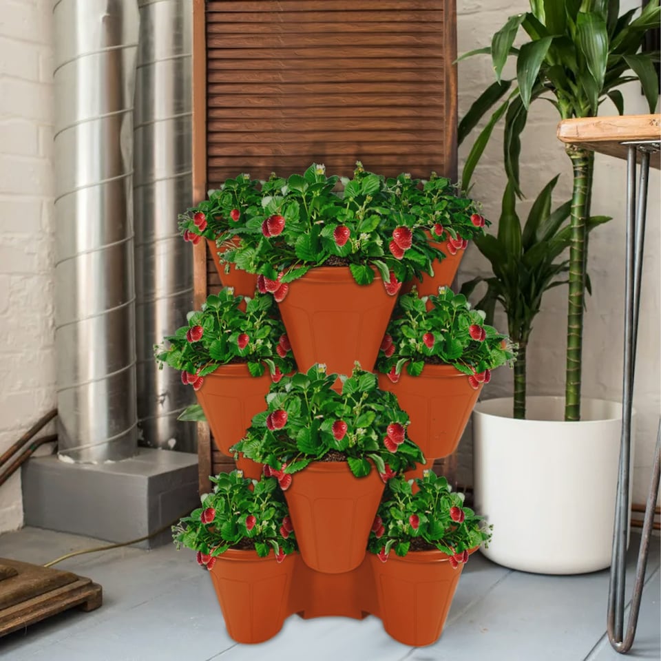 image 1 of Trio Stackable Stacking Strawberry Planter Plant Flower Pot Herb Garden Patio UK Black