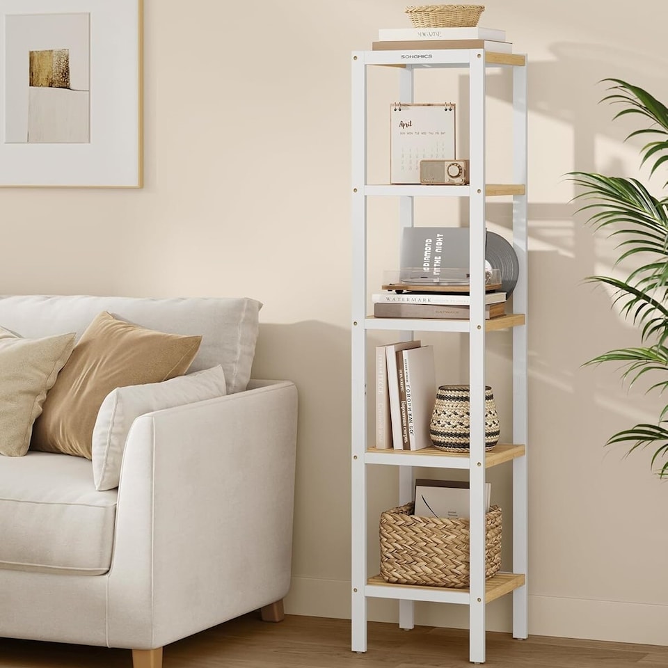 image 1 of Bamboo Freestanding Shelf, Five-Tier Corner Storage Unit for Kitchen, Room, Hallway, Cloud White and Natural Beige