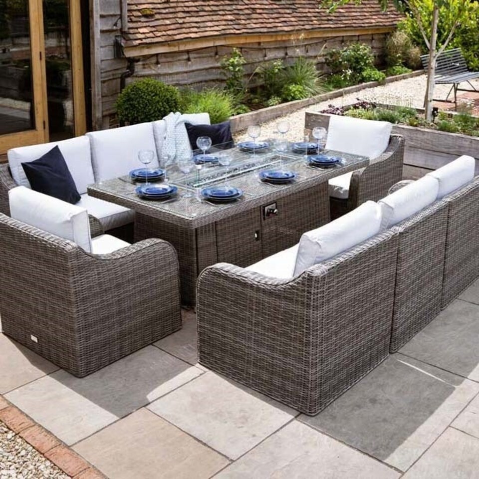 image 1 of Luxury Rattan 8 Seater Sofa Set with Integrated Fire Pit Table in Stone