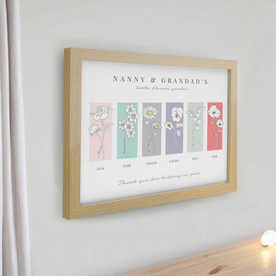 image 1 of Personalised Birth Flower Family of 6 Oak Framed Print Brown | One Size