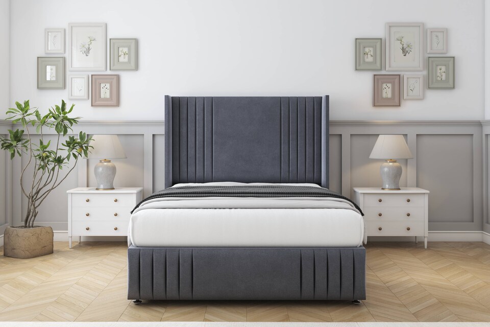 image 1 of Sloomy Camden Steel Plush Divan Bed Base No Drawers With 54 Inch Wingback Headboard & 12 Inch Matching Footboard | Grey | Steel | King | 1
