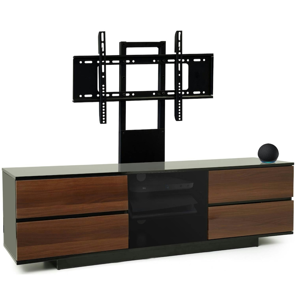 image 1 of Centurion Supports AVITUS ULTRA Gloss Black Remote Friendly BeamThru Door with 4-Walnut Drawers up to 65" Flat Screen TV Cabinet with Mounting Arm Black