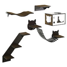 PawHut Wall-Mounted Cat Tree, 5 Piece Cat Wall Shelves with House, Brown