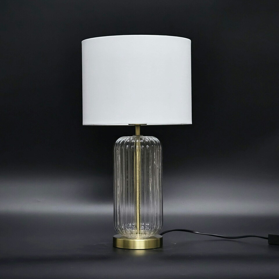 image 1 of First Choice Lighting Walpole Clear Fluted Glass and Antique Brass 49cm Table Lamp with Ivory Fabric Shade Bronze | White