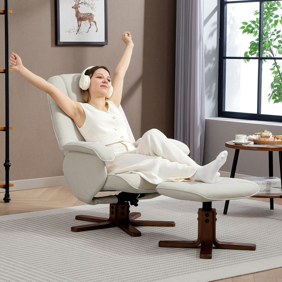 image 1 of HOMCOM Swivel Recliner Chair with Footstool and Wooden Base, Beige Cream