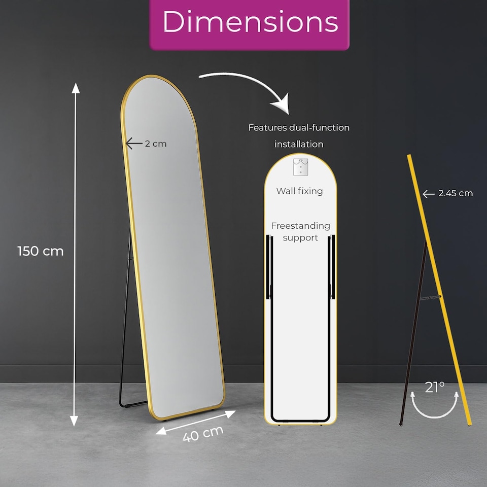 image 1 of Full Length Mirror with Metal Frame Wall Mounted Free Standing Floor | Gold