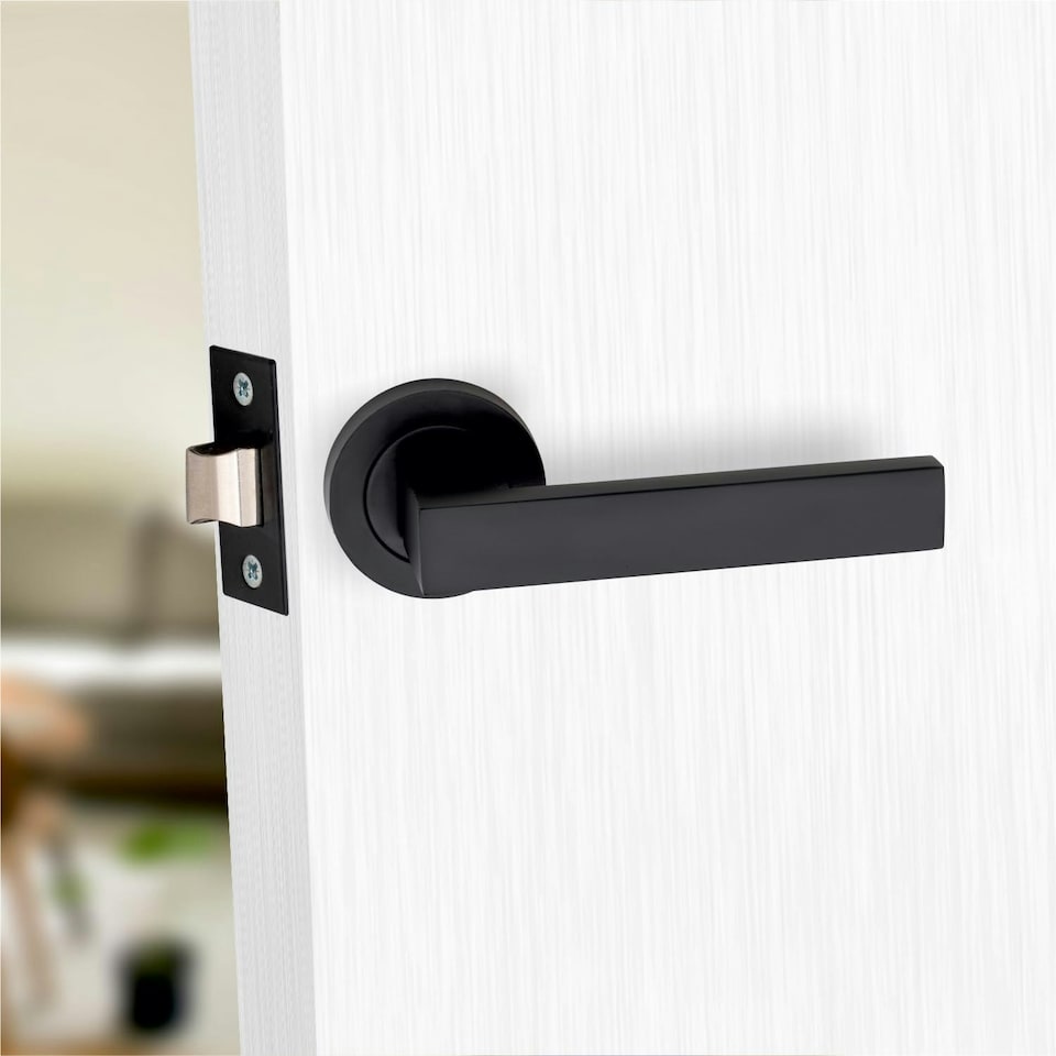 image 1 of Golden Grace Delta Handles Set on Round Rose in Matt Black Finish with 64mm 3 Lever Mortise Lock and Key Hole Black