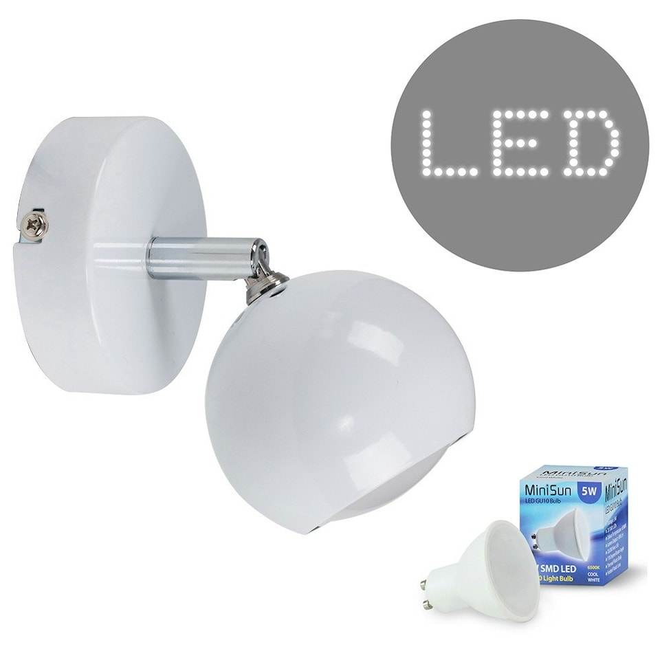 image 1 of ValueLights Retro Eyeball Spotlight Gloss White Wall Light and GU10 Spotlight LED 5W Cool White 6500K Bulb White