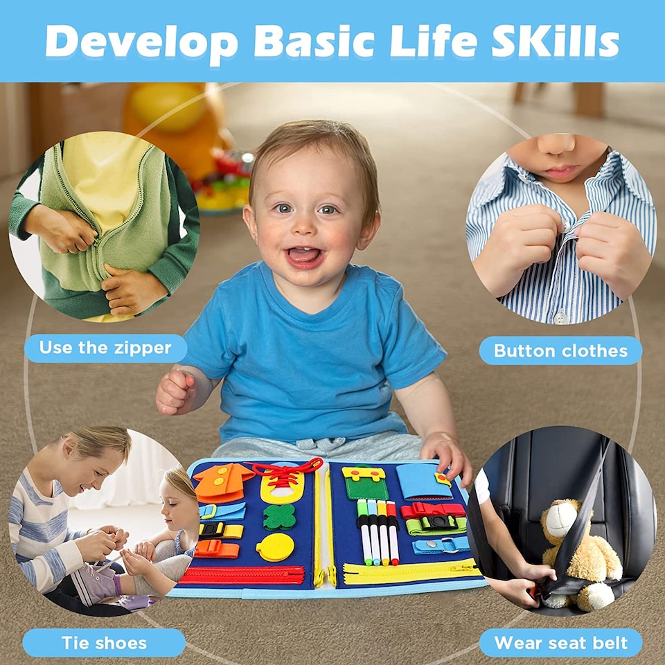 image 1 of Busy Board Montessori Sensory Toy - 10 Pages Quiet Book for Toddlers, Fine Motor & Learning Skills, Travel Toy for Kids Ages 3 plus (Blue)