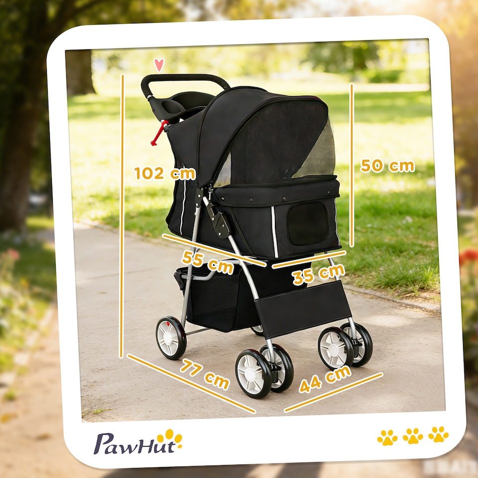 image 1 of PawHut Pet Stroller Carrier Foldable Deluxe Walk Travel Dog, Black | Black