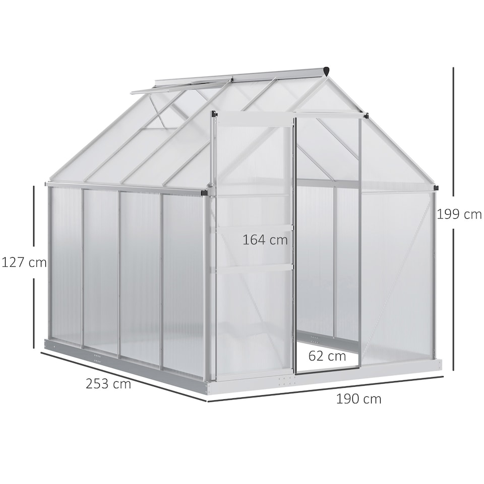 image 1 of Outsunny Polycarbonate Walk-in Garden Greenhouse w/ Sliding Door Silver Tone | Silver | 1