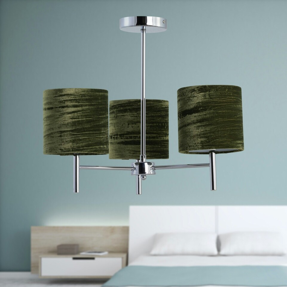 image 1 of Set of 2 Brea - Chrome Light Fittings with Green Velvet Shades Chrome | Green