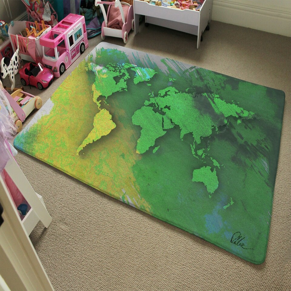 image 1 of World map yellow and green (Rug) Yellow | Medium: 80x150cm