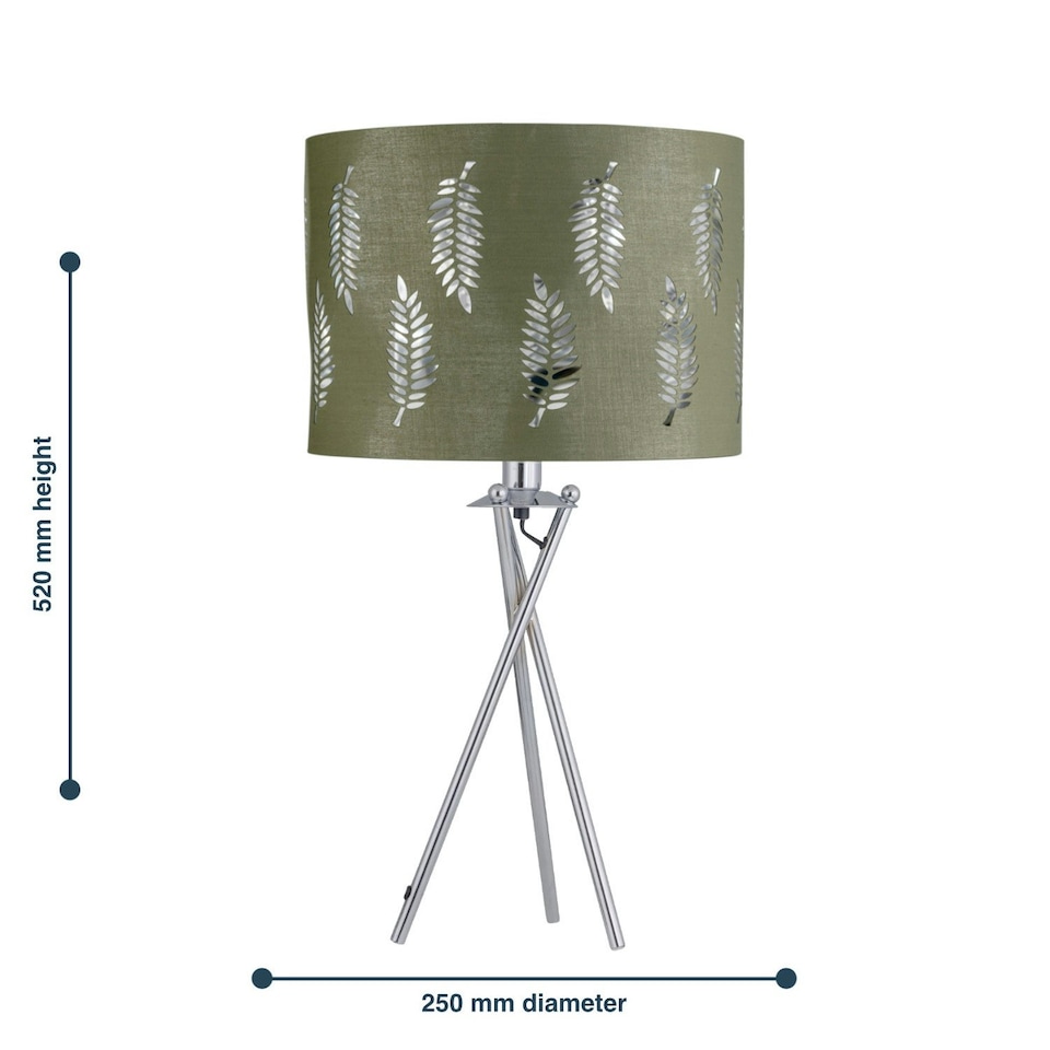 image 1 of Set of 2 Tripod Table Lamps with Sage Green Fern Cut Out Shades Chrome | Green