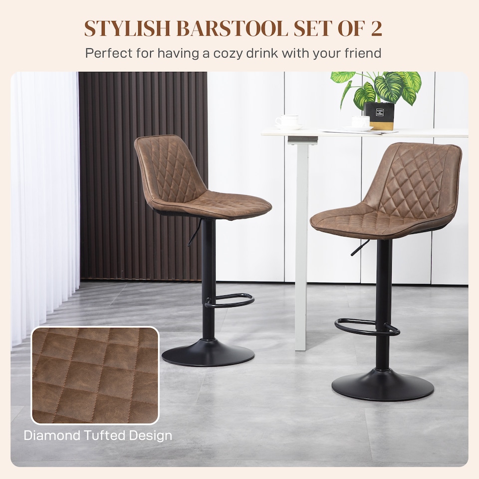 image 1 of HOMCOM Bar Stools Set of 2, Retro Adjustable Kitchen Stool, Swivel PU Leather Upholstered Bar Chairs with Back, Footrest and Steel Base, Brown