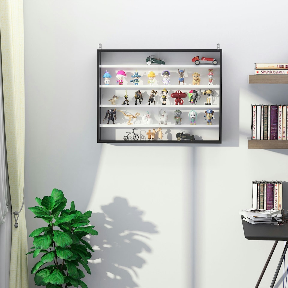 image 1 of HOMCOM 5-Tier Wall Display Shelf Unit Cabinet w/ Shelves Glass Doors Black/White